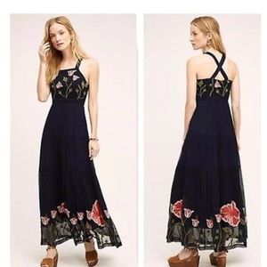 Anthropologie Black Maxi Dress with Red Floral Embroidery